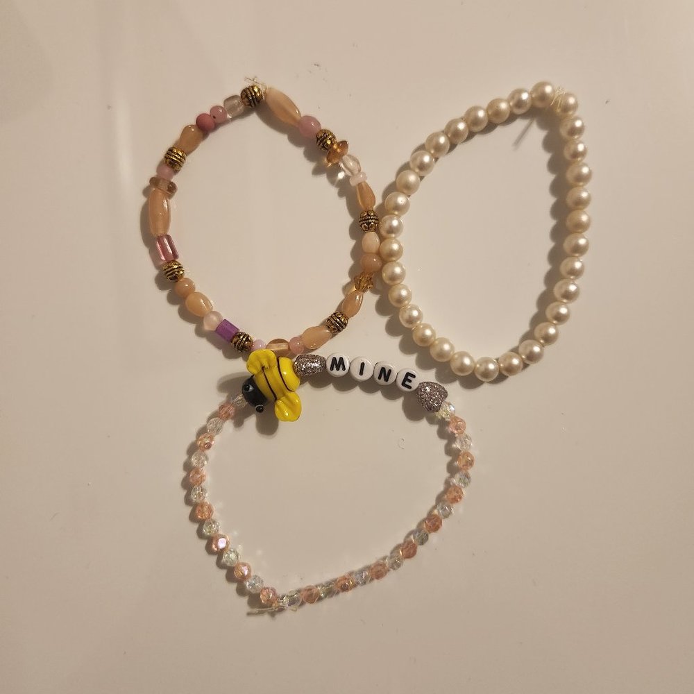 Pink and White Beaded Bee Mine Valentines Bracelets